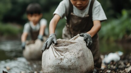 Two young children collaborate to carry a heavy sack near a riverbank, representing themes of teamwork, effort, and the simplicity of outdoor childhood adventures.