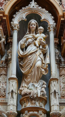 Ornate Marble Statue of Madonna and Child in a Historic Church Interior