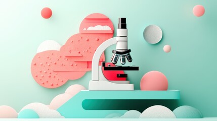 A whimsical depiction of a microscope, highlighting its lenses, stage, and its role in medical research.