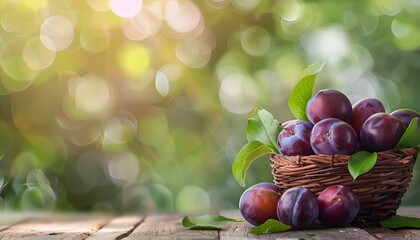 Wall Mural - fresh ripe plums with leaves in a basket on a wooden table