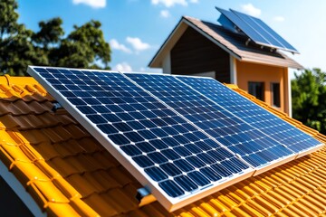 Aufkleber - Minimal solar panel and house icon, with bold, simple lines showing the integration of renewable energy in a modern home