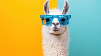 quirky portrait of a fluffy white llama wearing oversized blue glasses set against a vibrant colored background whimsical expression and textured fur details