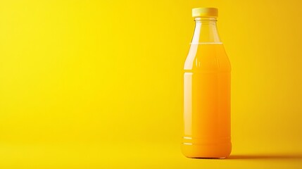 A bottle of fresh apple juice placed against a yellow background