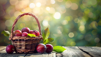 Wall Mural - fresh ripe plums with leaves in a basket on a wooden table