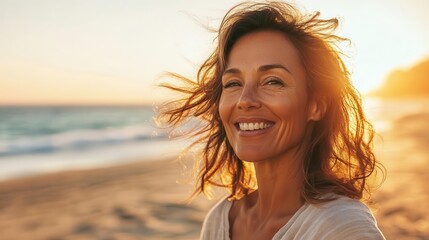 radiant middleaged woman exuding joy on sundrenched beach windtousled hair natural makeup casual lin