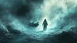 © Bijac - radiant ethereal jesus walking on turbulent waters towards a stormtossed boat surrounded by swirling light and mist