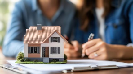 Wall Mural - real estate agent and happy young couple signing mortgage agreement for new home property purchase and investment concept closeup with miniature house