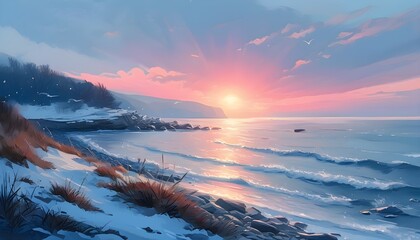 Sticker - serene winter ocean shore at sunset with hues of pink and blue light illuminating the landscape