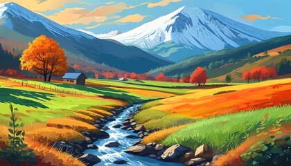 Wall Mural - stunning autumn landscape painting featuring a serene farmland with a narrow creek and majestic snowy mountains in the background