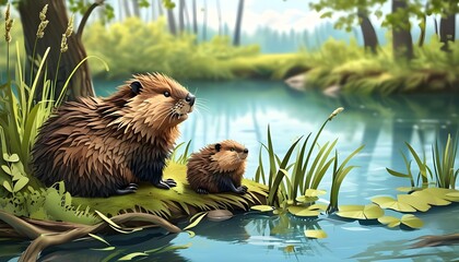 Wall Mural - Adorable fluffy beaver in a whimsical forest river setting, charming paper cut illustration perfect for a nursery themed baby animal decor