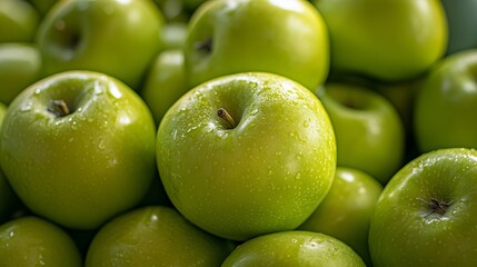 Wall Mural - High-resolution image showcasing a cluster of fresh, glossy green apples, tightly packed with smooth, slightly dimpled skin