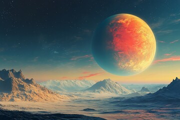 Wall Mural - A surreal landscape featuring a large planet over a mountainous terrain.