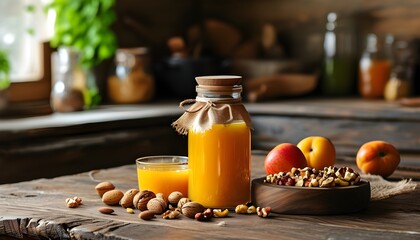 Wall Mural - Rustic kitchen showcasing sustainable lifestyle with fresh fruit juice and nuts in glass jars topped with wooden lids