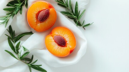 Wall Mural -   A few pieces of fruit lie atop a white cloth beside a sprig of green