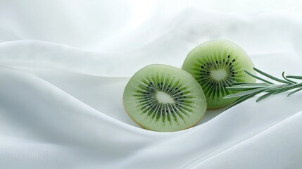 Wall Mural -   A kiwi resting on a white cloth with a sprig of rosemary nearby