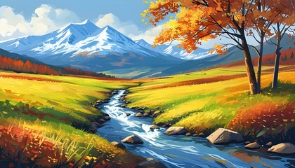 Wall Mural - stunning autumn landscape painting featuring a serene farmland with a narrow creek and majestic snowy mountains in the background