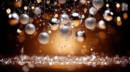 Wall Mural -   A group of silver and white Christmas ornaments hangs on a dark background, illuminated by bokeh lights