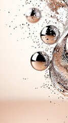 Wall Mural -   A glass containing liquid with bubbles sits atop a white counter on a light pink background