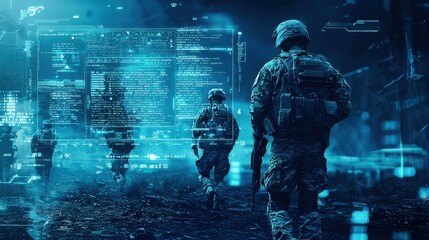 Wall Mural - A futuristic communication interface displaying encrypted data transmission between soldiers in the field, emphasizing secure and advanced military communication technology