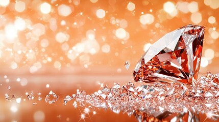 Wall Mural -   Close-up of a sparkling diamond on a reflective surface with a hazy background and soft, out-of-focus highlights