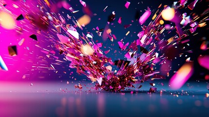 Wall Mural -  Purple explosion of confetti on blue-pink backdrop with blue sky background