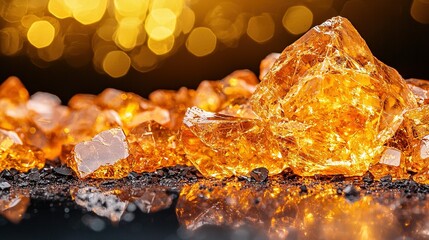 Wall Mural -   A yellow diamond pile sits on a black countertop with adjacent ice cubes