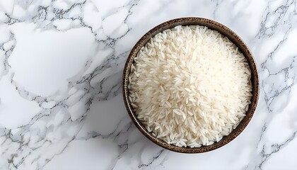 Wall Mural - Fluffy cooked white rice in a wooden bowl atop a sleek marble countertop from an overhead perspective