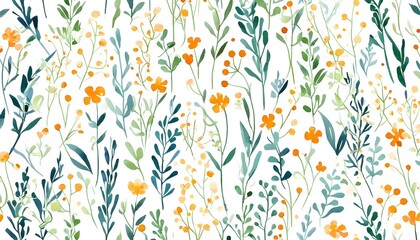 Wall Mural - Vibrant watercolor seamless pattern of green leaves and cheerful yellow flowers