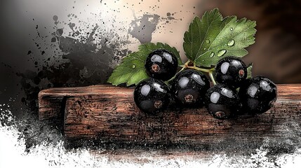 Wall Mural -   A photo depicts several blackberries on top of a wooden board, covered by a lone green leaf