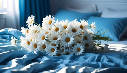 Wall Mural - Serene morning atmosphere with a bouquet of white daisies on soft blue and white bedding