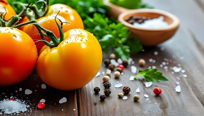 Wall Mural - Vibrant Close-Up of Ripe Red and Yellow Tomatoes on Table with Salt and Pepper, Celebrating Healthy Eating and Fresh Ingredients