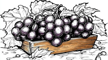 Wall Mural -   A sketch of a crate full of purple grapes, surrounded by green foliage on two sides