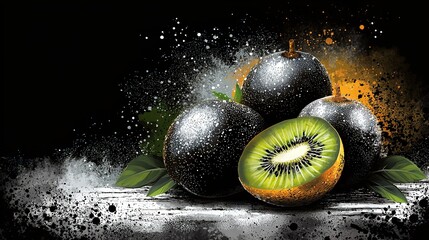 Wall Mural -   Kiwi fruit painting with leaves, sprinkles, and a black background with splashes of vibrant colors