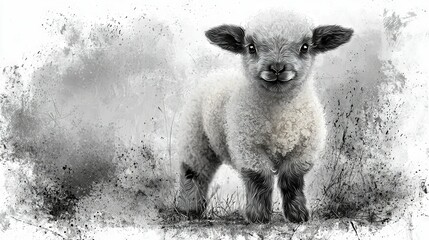 Wall Mural -  Black-and-white portrait of a sheep gazing at the camera amidst a field of green grass and weeds