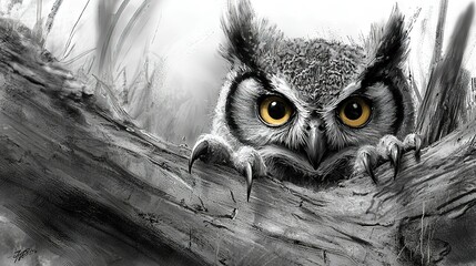 Wall Mural -   A monochrome illustration of a wise owl with vibrant yellow irises perched on a tree limb, with another branch in the foreground