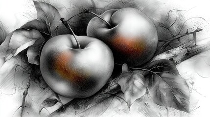 Wall Mural -  Two Apples on a Leafy Branch with Foreground Leaves