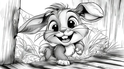 Poster -   Black and white drawing of a rabbit sitting beside a wooden fence amidst grass and trees in the background