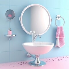 A Modern Bathroom Sink with Pink Accents and a Round Mirror