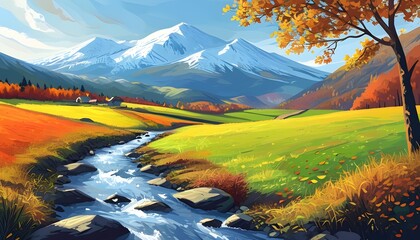 Wall Mural - stunning autumn landscape painting featuring a serene farmland with a narrow creek and majestic snowy mountains in the background