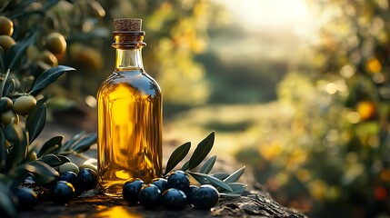 bottle of olive oil with olives and leaves rustic