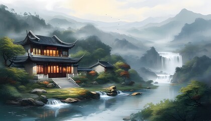 Wall Mural - Serene Chinese Landscape with Oriental House Nestled in Misty Valley and Flowing Waterfall