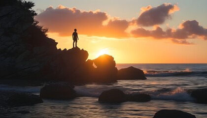 Wall Mural - man silhouetted on rocky shore against vibrant sunset hues