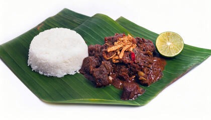 Traditional Indonesian Beef Stew with Rice Served on Banana Leaf