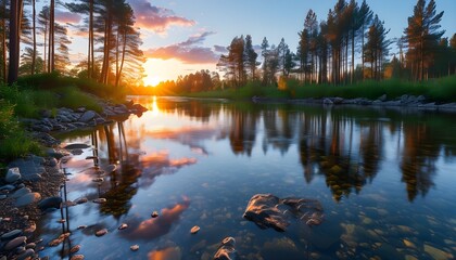 Wall Mural - Serene golden hour glow over a pristine river winding through a lush pine forest