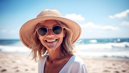 Wall Mural - Joyful beach day with a young girl and her surfboard under the bright sun