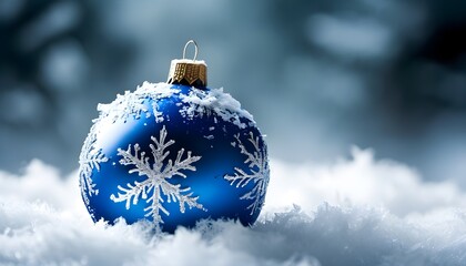 Poster - sparkling blue Christmas ornaments resting on a blanket of pristine snow