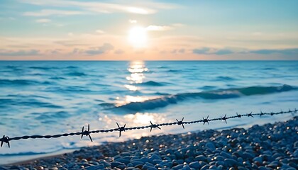 Sticker - Barbed wire fence silhouette framed by glistening sea and hazy sunset hues