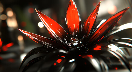 Aufkleber - A vibrant red and black abstract flower sculpture glowing in an artistic environment with soft lighting effects at night