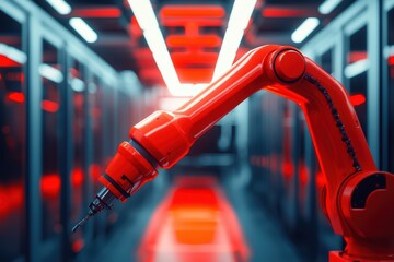 Poster - Close-up of a robotic arm in a futuristic environment with red lighting.