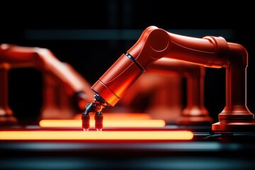 Poster - Close-up of an industrial robotic arm working on an automated assembly line.